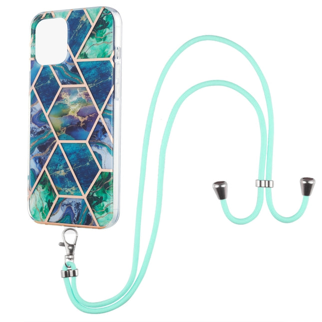 Electroplating Splicing Marble Pattern Dual-side IMD TPU Shockproof Case with Neck Lanyard For iPhone 13 Pro Max(Blue Green)-garmade.com