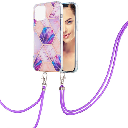 Electroplating Splicing Marble Pattern Dual-side IMD TPU Shockproof Case with Neck Lanyard For iPhone 13 Pro Max(Light Purple)-garmade.com