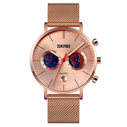 SKMEI 9231 Men Map Pattern Calendar Stopwatch Stainless Steel Strap Quartz Watch(Rose Gold)-garmade.com