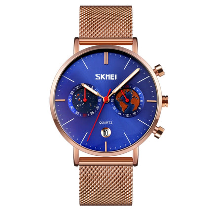 SKMEI 9231 Men Map Pattern Calendar Stopwatch Stainless Steel Strap Quartz Watch(Blue)-garmade.com