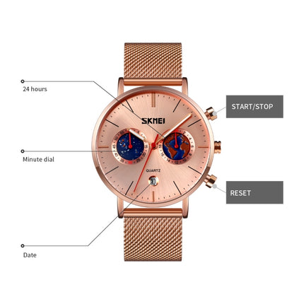 SKMEI 9231 Men Map Pattern Calendar Stopwatch Stainless Steel Strap Quartz Watch(Rose Gold)-garmade.com