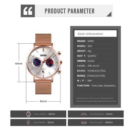 SKMEI 9231 Men Map Pattern Calendar Stopwatch Stainless Steel Strap Quartz Watch(Rose Gold)-garmade.com