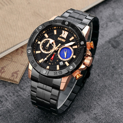 SKMEI 9235 Men Moonphase Stopwatch Stainless Steel Strap Quartz Watch(Gold Black)-garmade.com