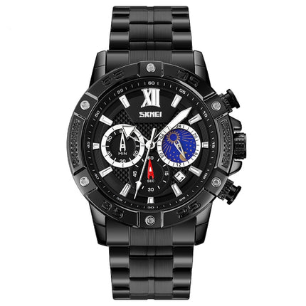 SKMEI 9235 Men Moonphase Stopwatch Stainless Steel Strap Quartz Watch(Black)-garmade.com