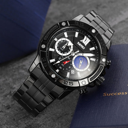 SKMEI 9235 Men Moonphase Stopwatch Stainless Steel Strap Quartz Watch(Black)-garmade.com