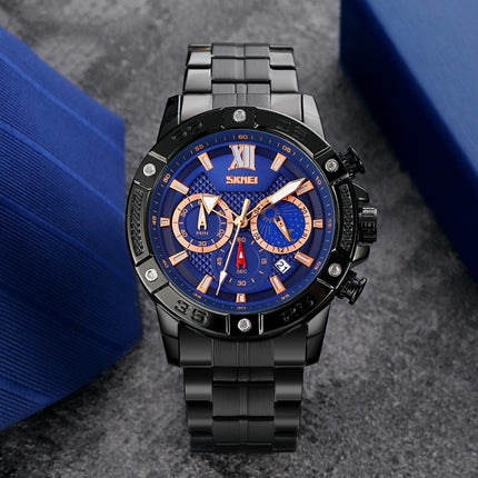 SKMEI 9235 Men Moonphase Stopwatch Stainless Steel Strap Quartz Watch(Black Blue)-garmade.com