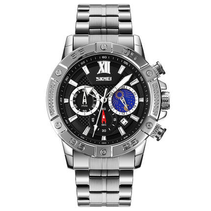 SKMEI 9235 Men Moonphase Stopwatch Stainless Steel Strap Quartz Watch(Silver Black)-garmade.com