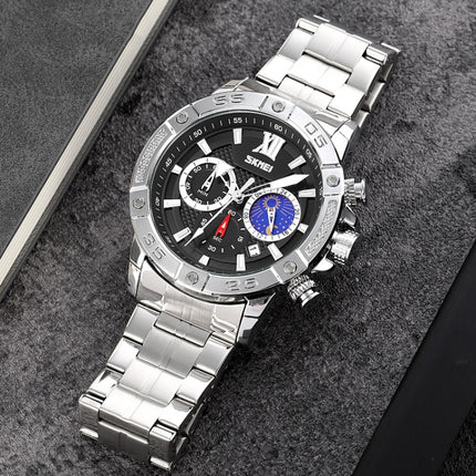 SKMEI 9235 Men Moonphase Stopwatch Stainless Steel Strap Quartz Watch(Silver Black)-garmade.com