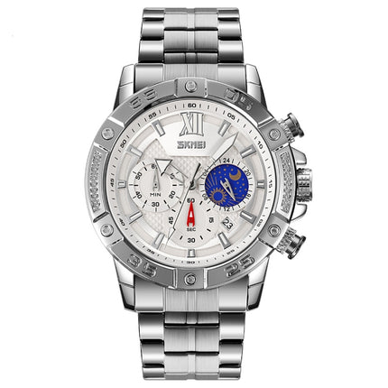 SKMEI 9235 Men Moonphase Stopwatch Stainless Steel Strap Quartz Watch(Silver)-garmade.com