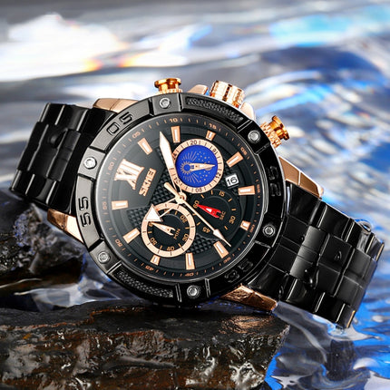 SKMEI 9235 Men Moonphase Stopwatch Stainless Steel Strap Quartz Watch(Black Blue)-garmade.com