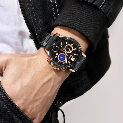 SKMEI 9235 Men Moonphase Stopwatch Stainless Steel Strap Quartz Watch(Black Blue)-garmade.com