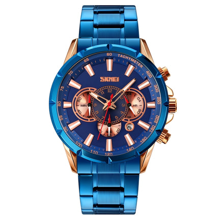 SKMEI 9241 Men Calendar Stopwatch Stainless Steel Strap Quartz Watch(Rose Gold Blue)-garmade.com