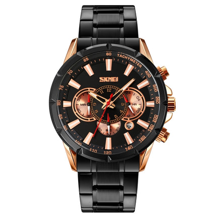 SKMEI 9241 Men Calendar Stopwatch Stainless Steel Strap Quartz Watch(Rose Gold Black)-garmade.com