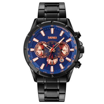 SKMEI 9241 Men Calendar Stopwatch Stainless Steel Strap Quartz Watch(Black Blue)-garmade.com