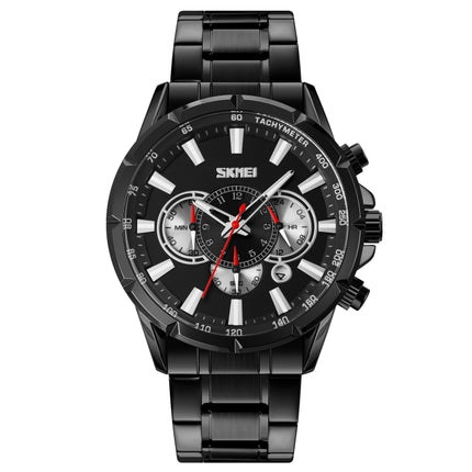 SKMEI 9241 Men Calendar Stopwatch Stainless Steel Strap Quartz Watch(Black)-garmade.com