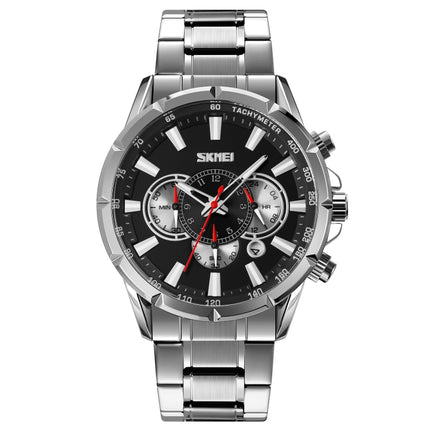 SKMEI 9241 Men Calendar Stopwatch Stainless Steel Strap Quartz Watch(Silver Black)-garmade.com