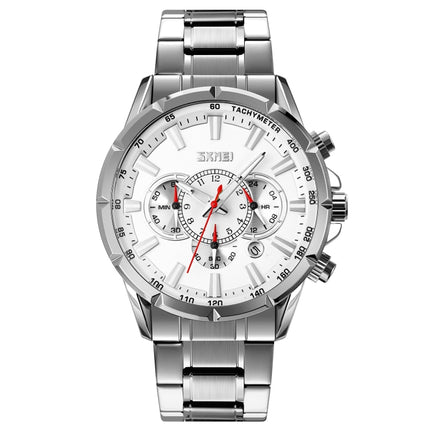 SKMEI 9241 Men Calendar Stopwatch Stainless Steel Strap Quartz Watch(Silver)-garmade.com