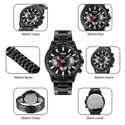 SKMEI 9241 Men Calendar Stopwatch Stainless Steel Strap Quartz Watch(Silver Black)-garmade.com