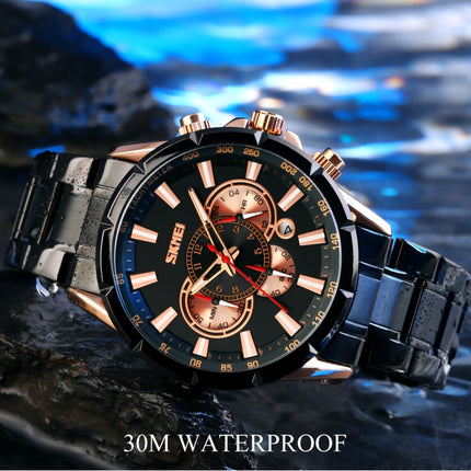 SKMEI 9241 Men Calendar Stopwatch Stainless Steel Strap Quartz Watch(Rose Gold Black)-garmade.com