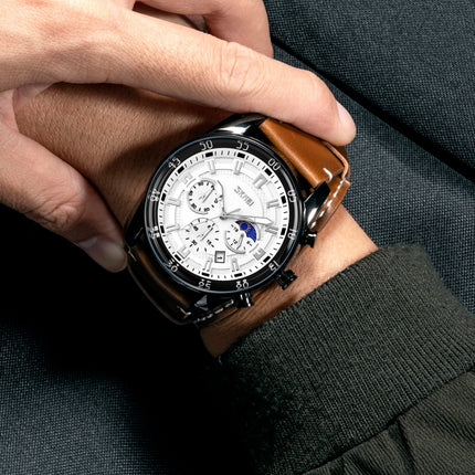 SKMEI 9249 Men Moonphase Calendar Stopwatch Leather Strap Quartz Watch(Brown Silver)-garmade.com