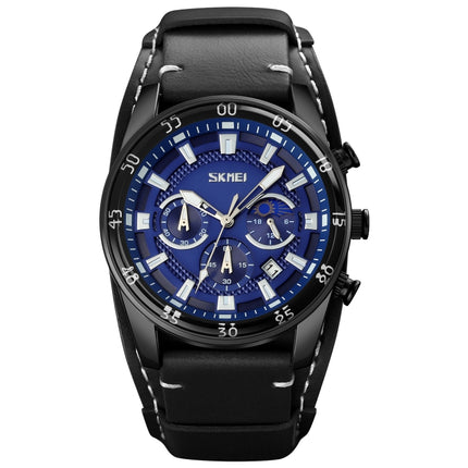 SKMEI 9249 Men Moonphase Calendar Stopwatch Leather Strap Quartz Watch(Black Blue)-garmade.com