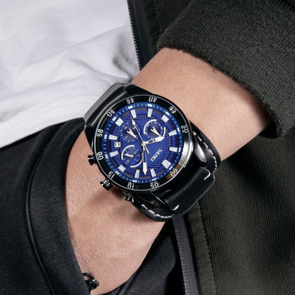 SKMEI 9249 Men Moonphase Calendar Stopwatch Leather Strap Quartz Watch(Black Blue)-garmade.com
