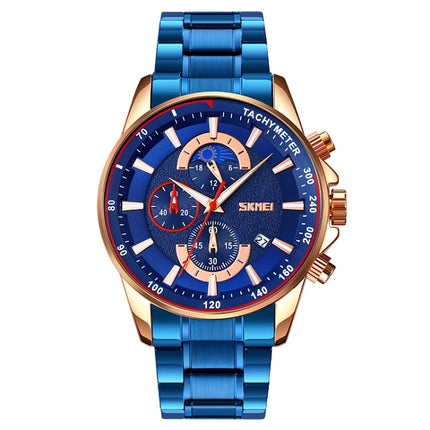 SKMEI 9250 Men Moonphase Stopwatch Date Six Pin Stainless Steel Strap Quartz Watch(Gold Blue)-garmade.com