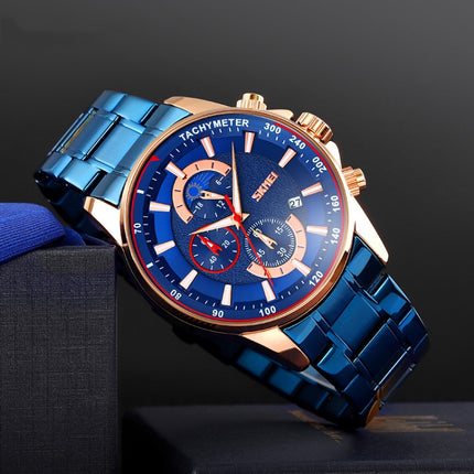 SKMEI 9250 Men Moonphase Stopwatch Date Six Pin Stainless Steel Strap Quartz Watch(Gold Blue)-garmade.com