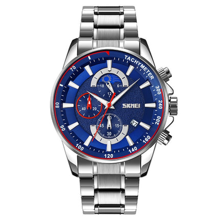 SKMEI 9250 Men Moonphase Stopwatch Date Six Pin Stainless Steel Strap Quartz Watch(Silver Blue)-garmade.com