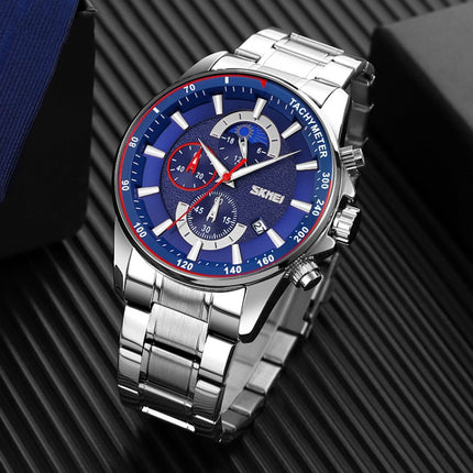SKMEI 9250 Men Moonphase Stopwatch Date Six Pin Stainless Steel Strap Quartz Watch(Silver Blue)-garmade.com