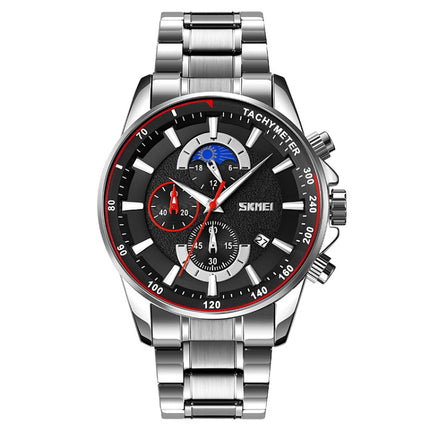 SKMEI 9250 Men Moonphase Stopwatch Date Six Pin Stainless Steel Strap Quartz Watch(Silver Black)-garmade.com