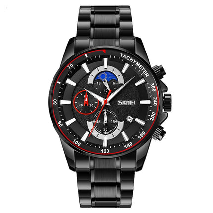 SKMEI 9250 Men Moonphase Stopwatch Date Six Pin Stainless Steel Strap Quartz Watch(Black)-garmade.com