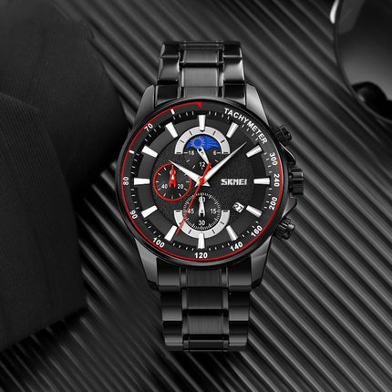 SKMEI 9250 Men Moonphase Stopwatch Date Six Pin Stainless Steel Strap Quartz Watch(Black)-garmade.com