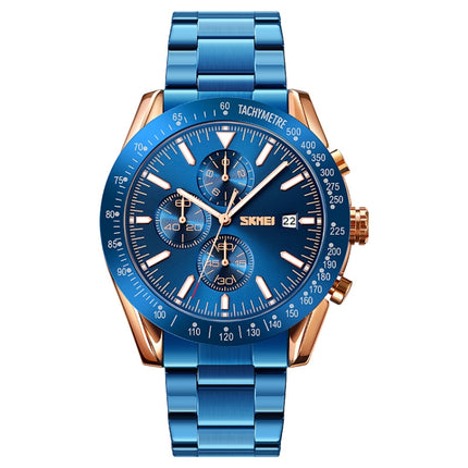 SKMEI 9253 Men Stopwatch Date Six Pin Stainless Steel Strap Quartz Watch(Gold Blue)-garmade.com