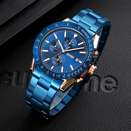 SKMEI 9253 Men Stopwatch Date Six Pin Stainless Steel Strap Quartz Watch(Gold Blue)-garmade.com