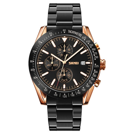 SKMEI 9253 Men Stopwatch Date Six Pin Stainless Steel Strap Quartz Watch(Gold Black)-garmade.com