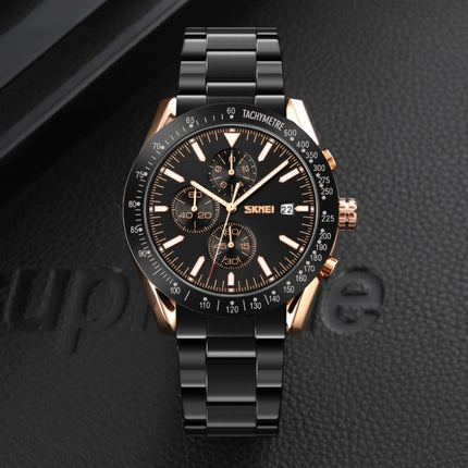 SKMEI 9253 Men Stopwatch Date Six Pin Stainless Steel Strap Quartz Watch(Gold Black)-garmade.com