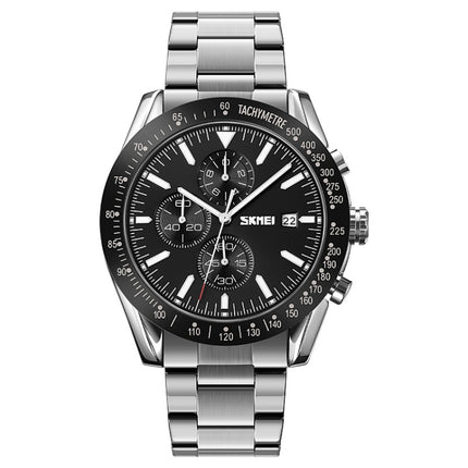 SKMEI 9253 Men Stopwatch Date Six Pin Stainless Steel Strap Quartz Watch(Silver Black)-garmade.com