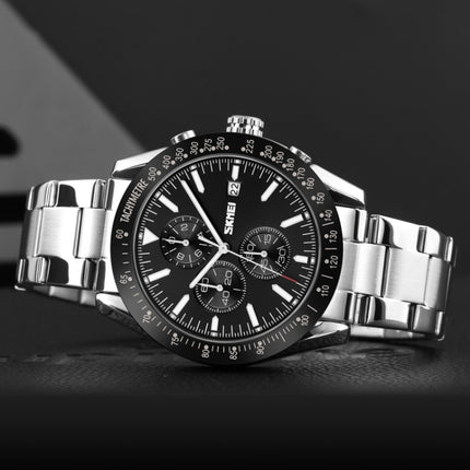 SKMEI 9253 Men Stopwatch Date Six Pin Stainless Steel Strap Quartz Watch(Silver Black)-garmade.com