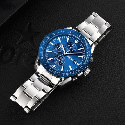 SKMEI 9253 Men Stopwatch Date Six Pin Stainless Steel Strap Quartz Watch(Silver Blue)-garmade.com