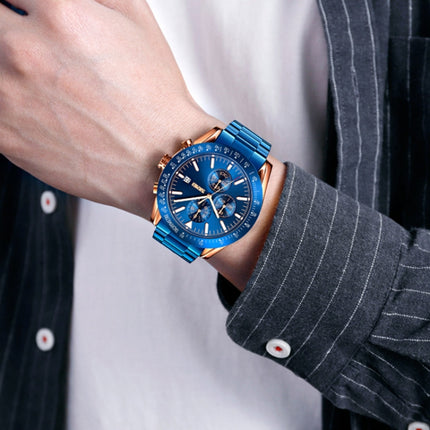 SKMEI 9253 Men Stopwatch Date Six Pin Stainless Steel Strap Quartz Watch(Gold Blue)-garmade.com