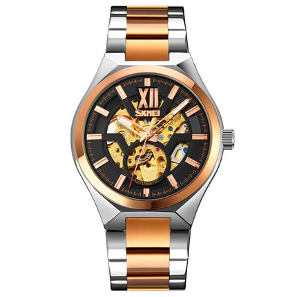 SKMEI 9258 Men Two-color Stainless Steel Strap Automatic Mechanical Watch(Middle Rose Gold Shell Black Surface)-garmade.com