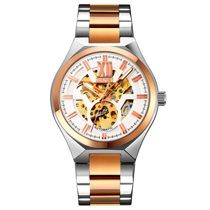 SKMEI 9258 Men Two-color Stainless Steel Strap Automatic Mechanical Watch(Middle Rose Gold Shell Silver Surface)-garmade.com