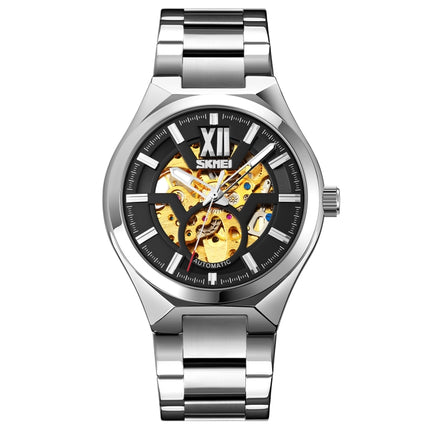 SKMEI 9258 Men Two-color Stainless Steel Strap Automatic Mechanical Watch(Silver Shell Black Surface)-garmade.com
