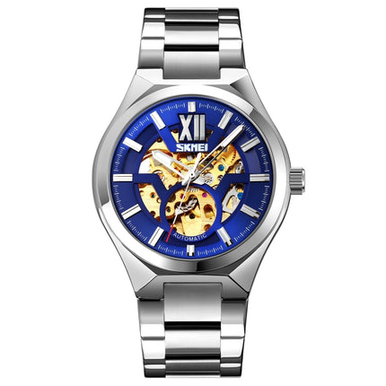 SKMEI 9258 Men Two-color Stainless Steel Strap Automatic Mechanical Watch(Silver Shell Blue Surface)-garmade.com