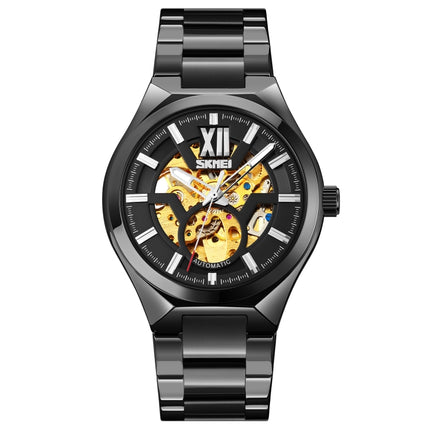 SKMEI 9258 Men Two-color Stainless Steel Strap Automatic Mechanical Watch(Black Shell Black Surface)-garmade.com