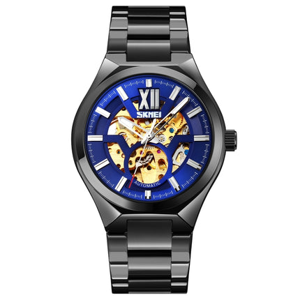 SKMEI 9258 Men Two-color Stainless Steel Strap Automatic Mechanical Watch(Black Shell Blue Surface)-garmade.com