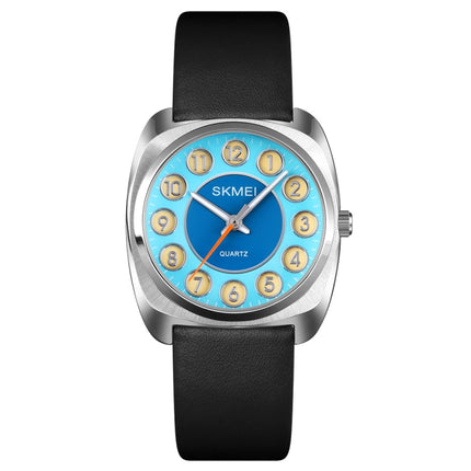 SKMEI Q029 Ladies Phone Number Pattern Dial Leather Strap Quartz Watch(Blue)-garmade.com
