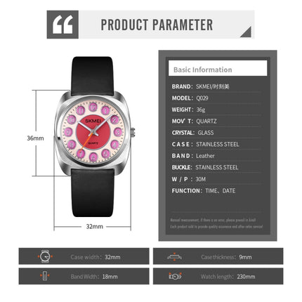 SKMEI Q029 Ladies Phone Number Pattern Dial Leather Strap Quartz Watch(Purple)-garmade.com
