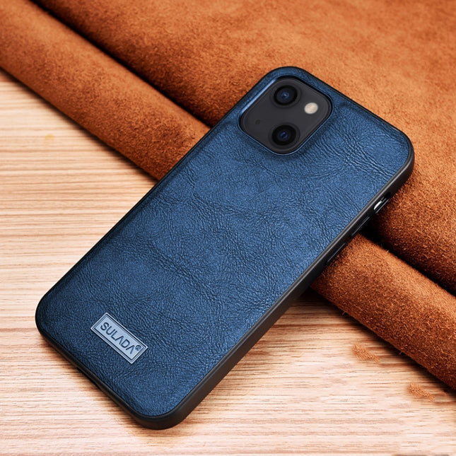 SULADA Shockproof TPU + Handmade Leather Protective Case For iPhone 13(Blue)-garmade.com